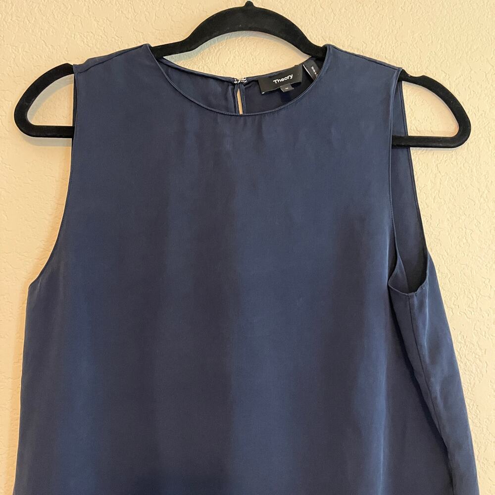 Theory Sleeveless Blouse Tank Top Shell 100% Silk Georgette Navy Blue Medium - Picture 5 of 9
